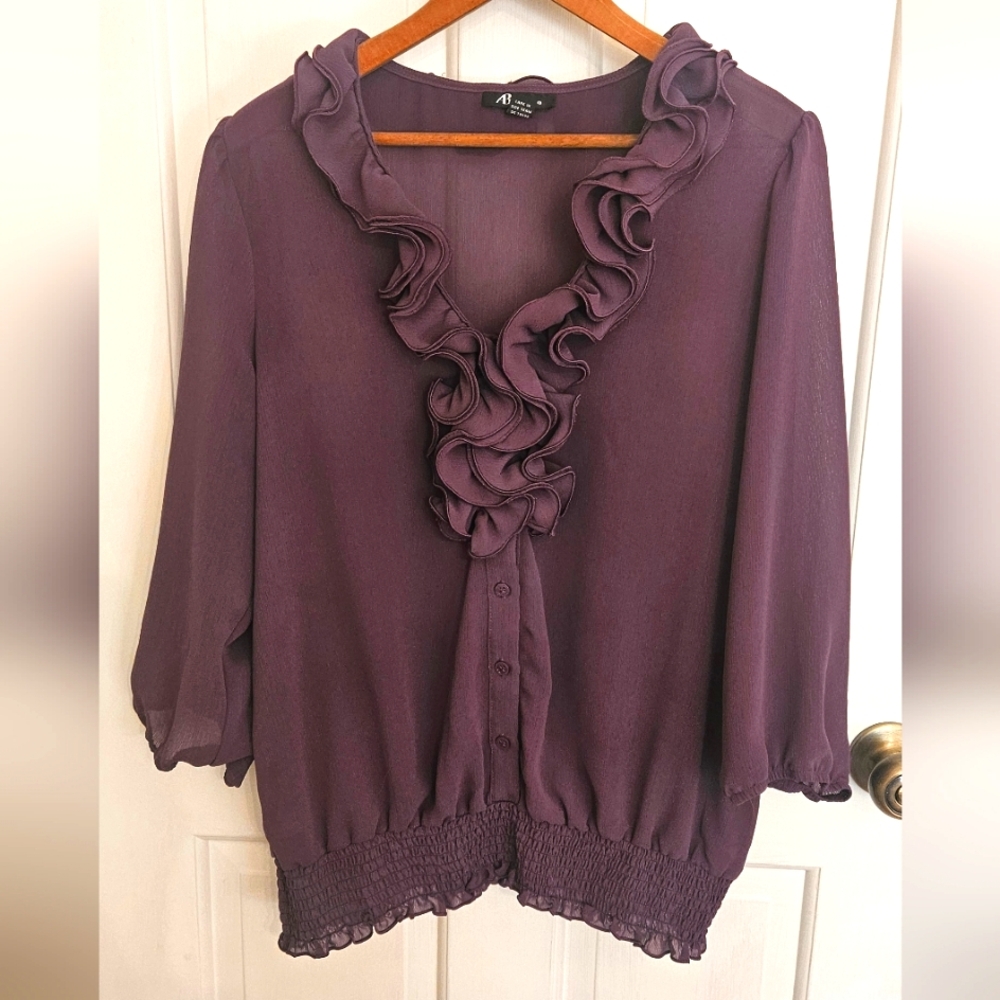 AB Studio Shirt Top Womens Size XL Purple Eggplant Ruffled Neckline Feminine